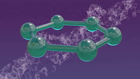 Animation-of-ring-of-molecules-over-floating-network-on-purple-background