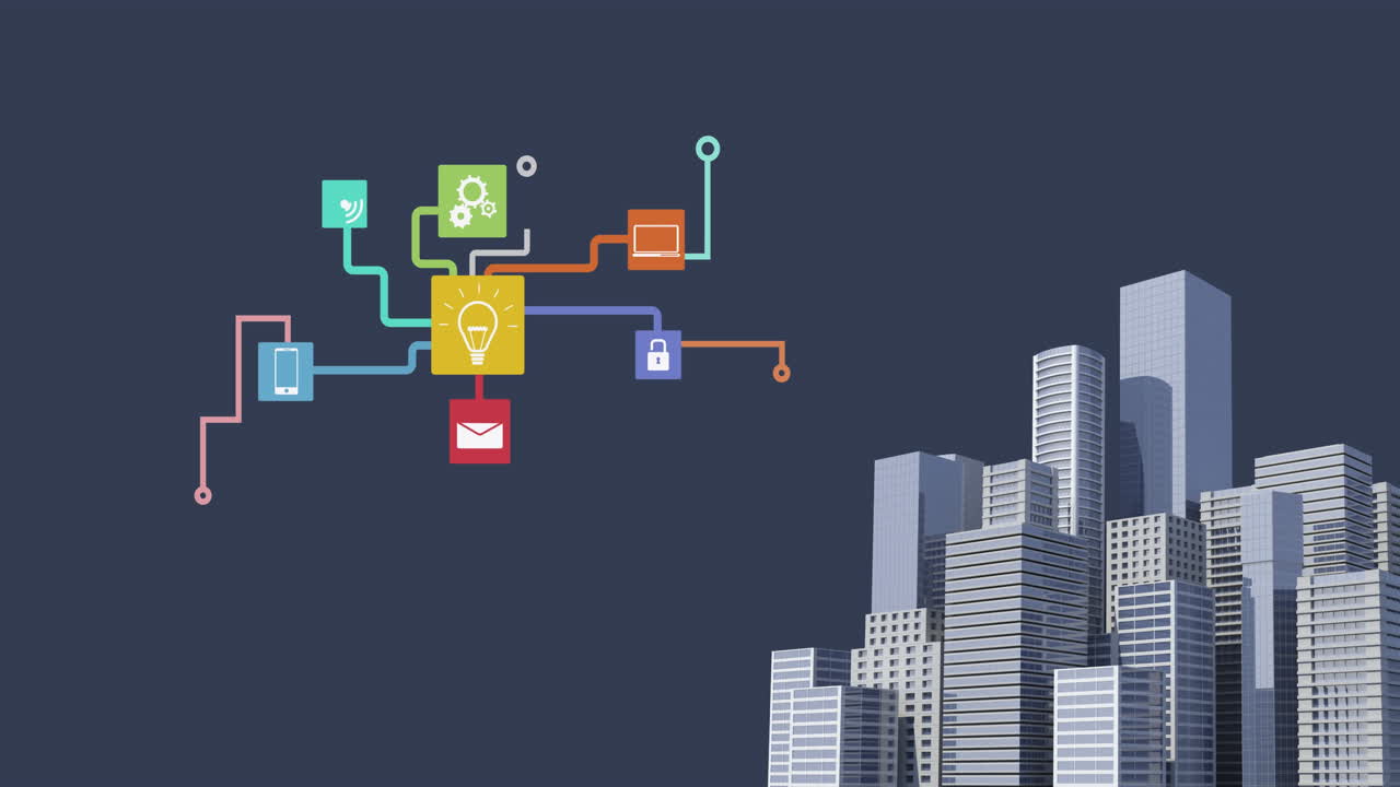 Animation of financial data processing with icons over cityscape
