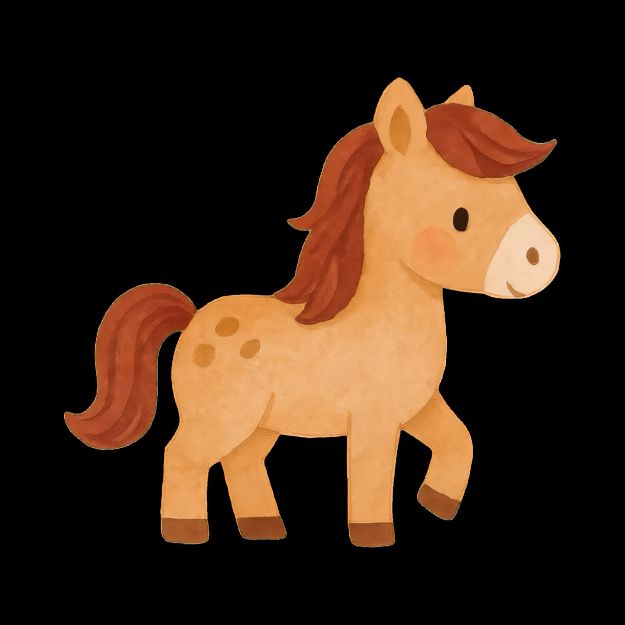 Cute cartoon horse illustration animation isolated asset, transparent 4K video, alpha channel