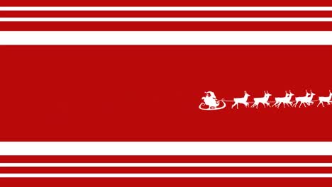 animation santa claus in sleigh with reindeer moving on red striped christmas background