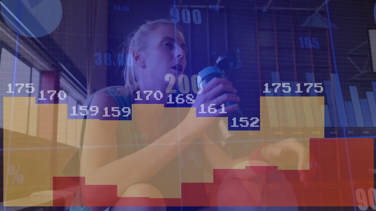 Drinking water, woman with fitness data and animation graphs overlayed