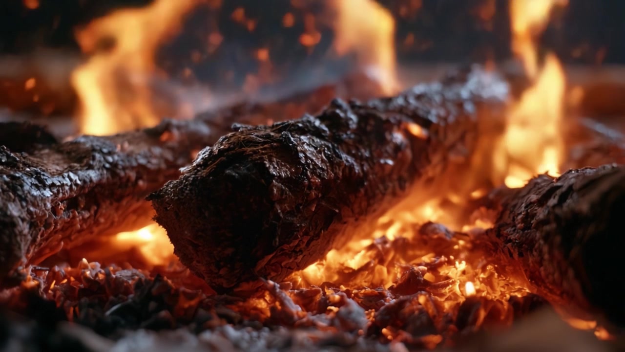 Un Primo Piano Accattivante di un Fuoco Scrosciante con Braci Ardenti e Ceppi Scricchiolanti, che Evoca Calore e Semplicità nella Bellezza Elementare della Natura