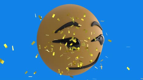 Digital-animation-of-golden-confetti-falling-over-smirk-face-emoji-against-blue-background