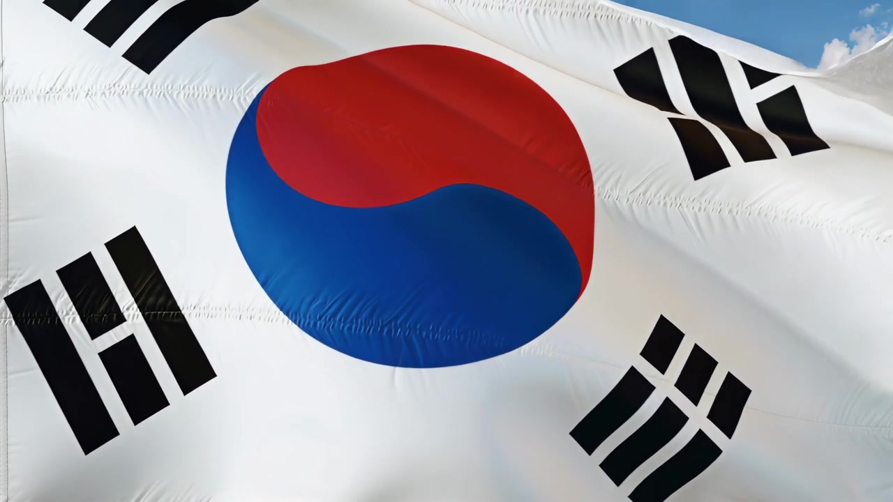 Bandiera coreana che sventola e ondeggia da sinistra a destra nella brezza contro il cielo, mostrando le cuciture dei trigrammi taegeuk.
