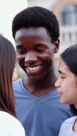 three young diverse students talking and enjoying themselves on the university campus.
