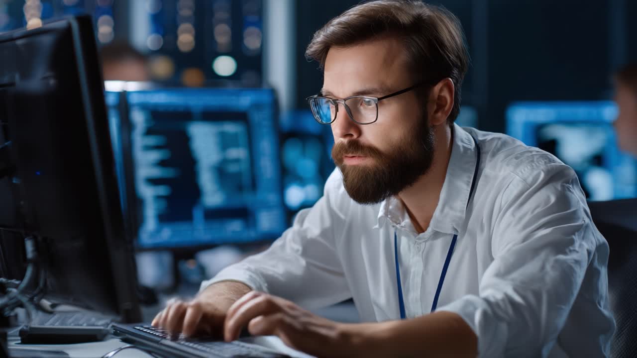 Focused Professional Analyzing Data on Computer Screen in Modern Office Setting: An Insight into the Life of a Dedicated Tech Specialist