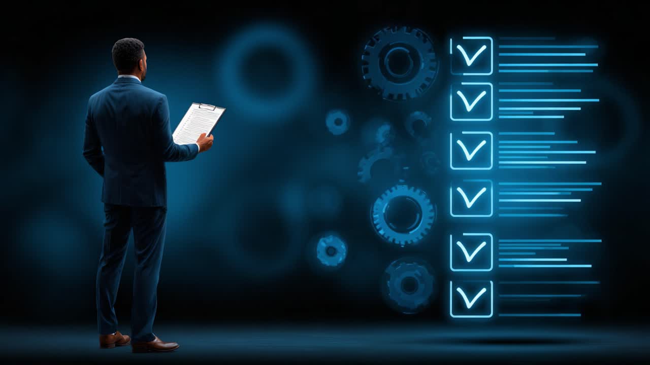 Revisión profesional del progreso con listas de verificación digitales y gráficos de engranajes, representando eficiencia y procesos de trabajo modernos.