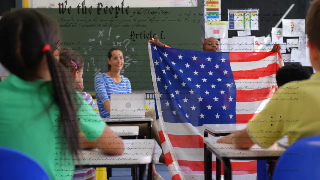 In school, children holding American flag with Constitution animation overlay