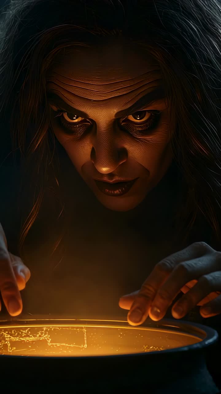 Vertical video: Placing hands sorceress drawing energy from glowing cauldron in stone cave