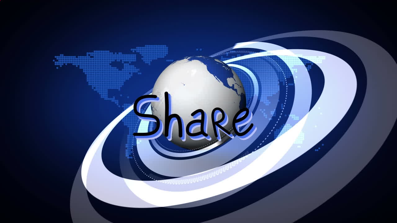 파란 바탕에 지구와 세계 지도 위에 텍스트와 빨간 모양을 공유하는 애니메이션