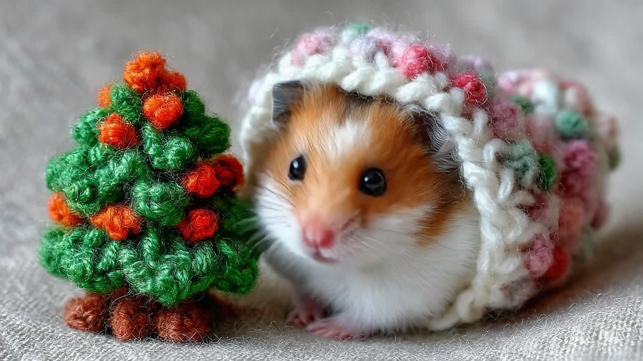 A Cute Hamster Peeking Out from a Cozy Knit Blanket Next to a Colorful Tiny Yarn Christmas Tree, Adding Cheer to the Holiday Season