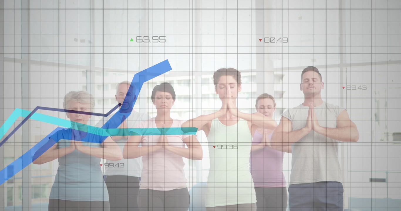Six yogis following data cues lowering hands for meditation with grid line graphs and health data