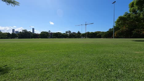 large empty public field in new farm with construction crane in background