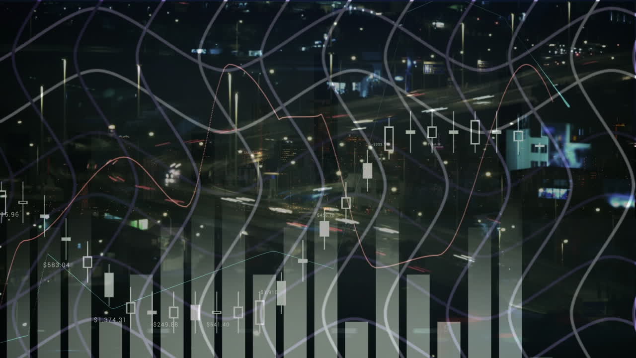 Animazione dell'elaborazione di dati finanziari su un paesaggio urbano notturno