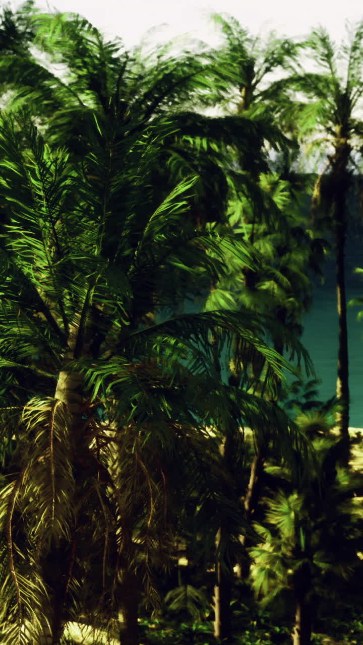 Vibrant green palms contrast with a serene blue ocean shoreline during daytime