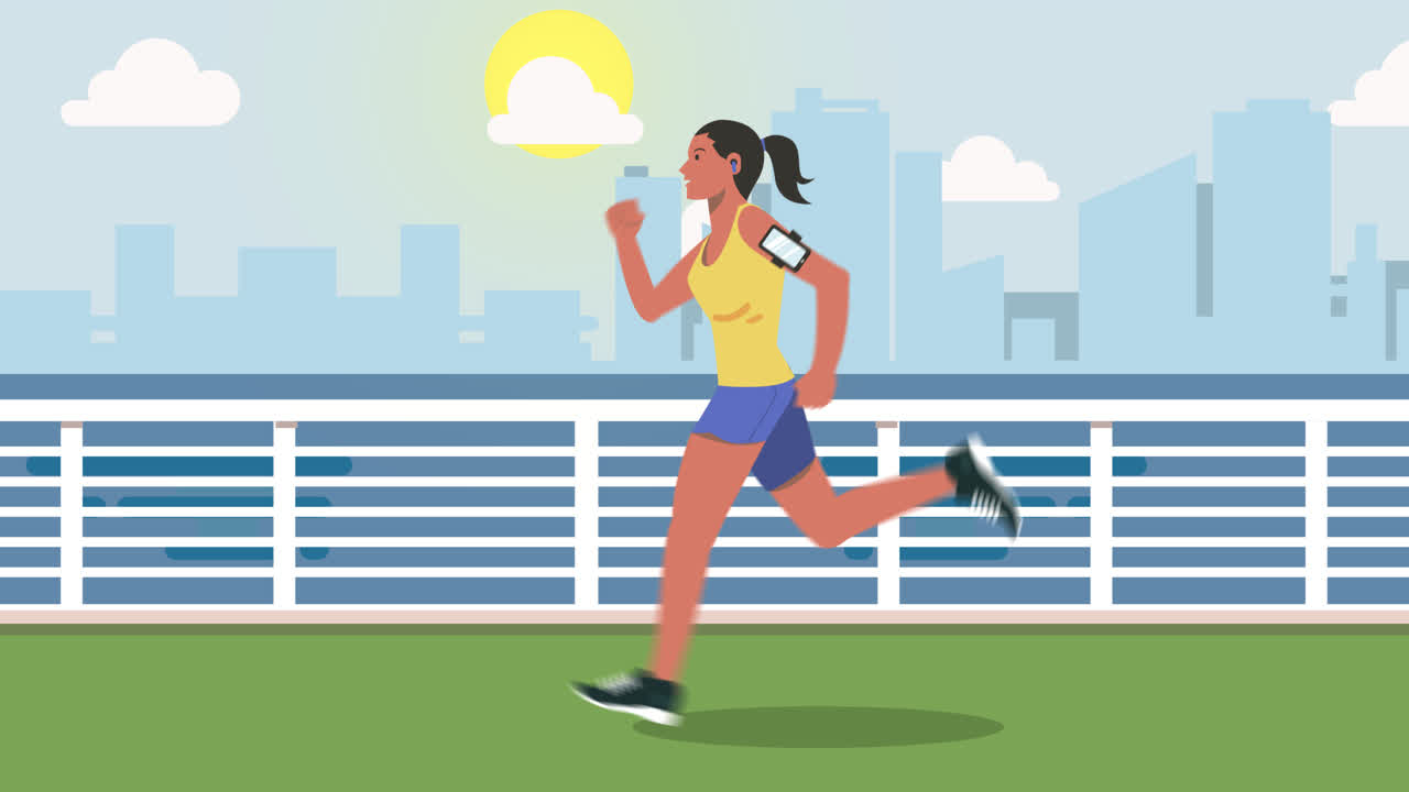 도시 풍경에서 달리는 여자