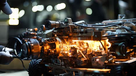 man working on a robotic vehicle in a workshop at night
