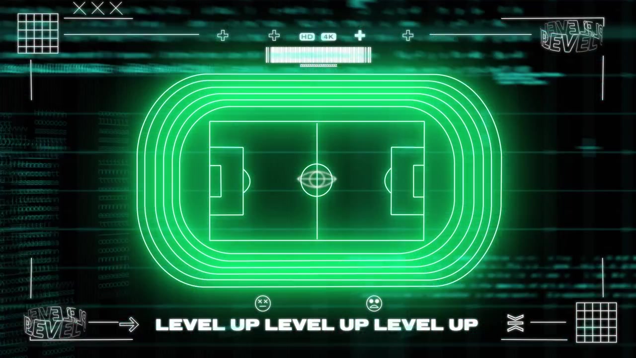 Digital animation of purple shapes over digital waves on green background