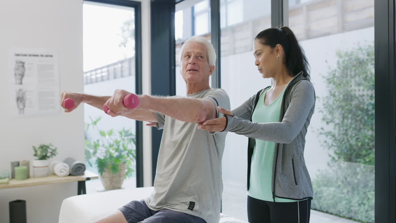 신체 치료사 와 함께 팔 운동 을 하는 노인