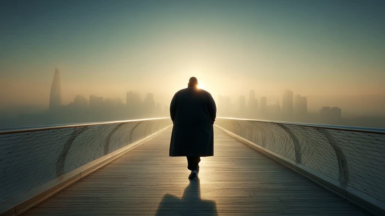 A solitary figure walks away from a stunning urban skyline as the sun rises, casting an ethereal glow over the foggy horizon and illuminating the path ahead on a serene morning