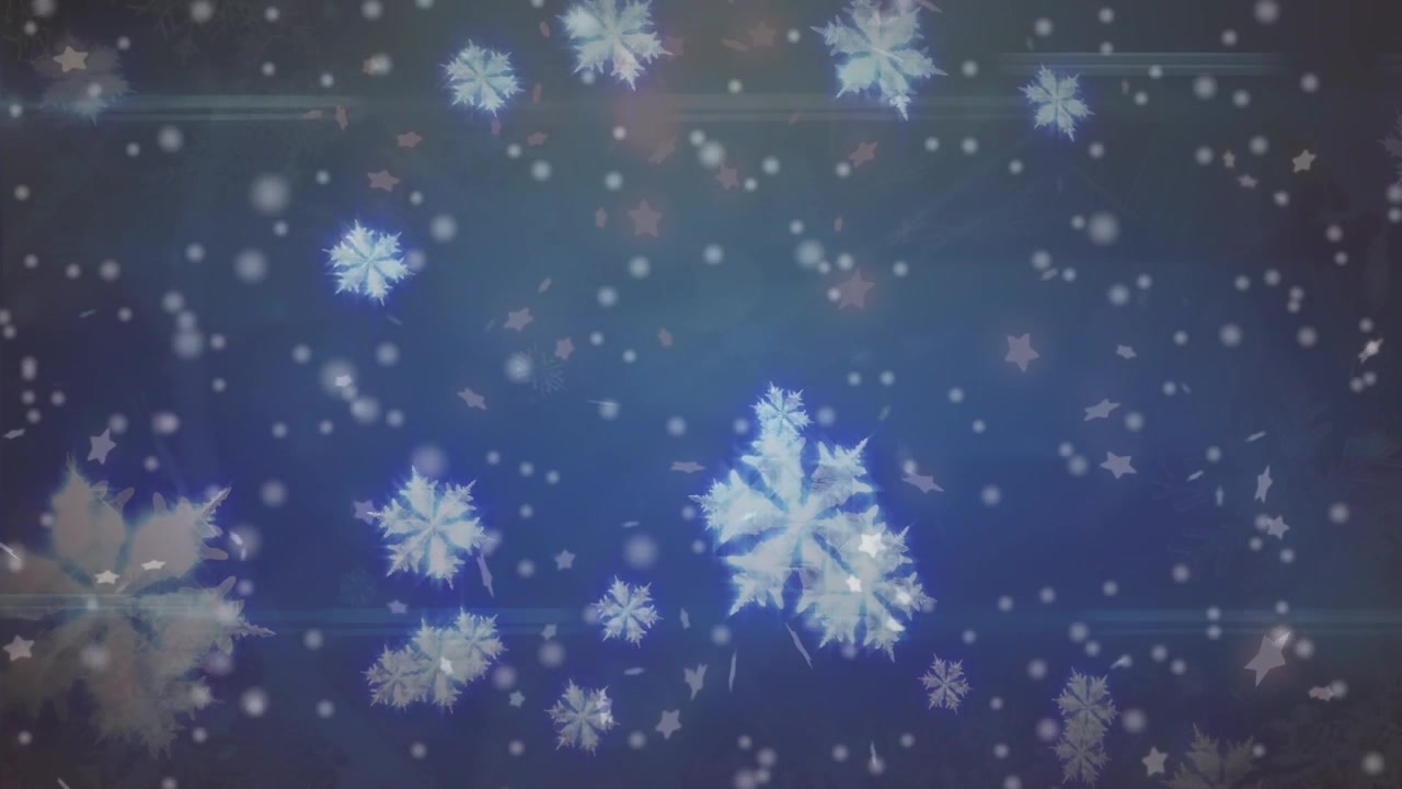 動畫雪花和星星飄落在藍色冬季背景上