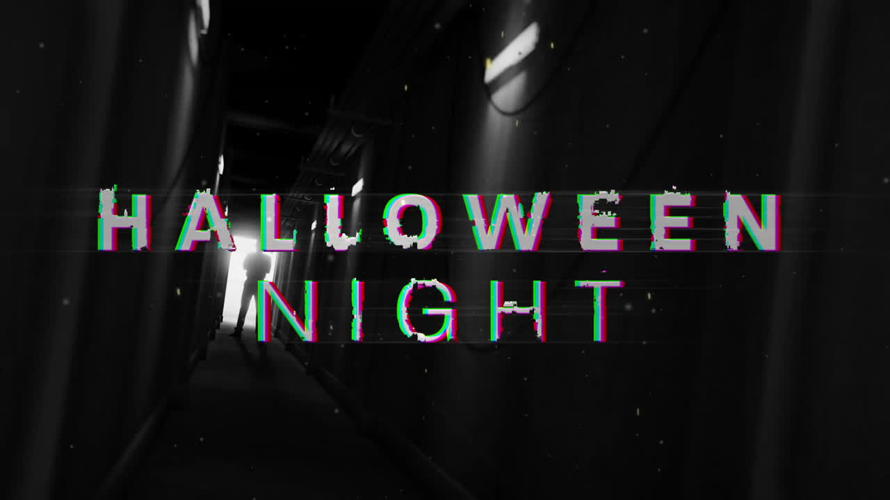 silueta en un callejón oscuro con animación de texto de la noche de halloween