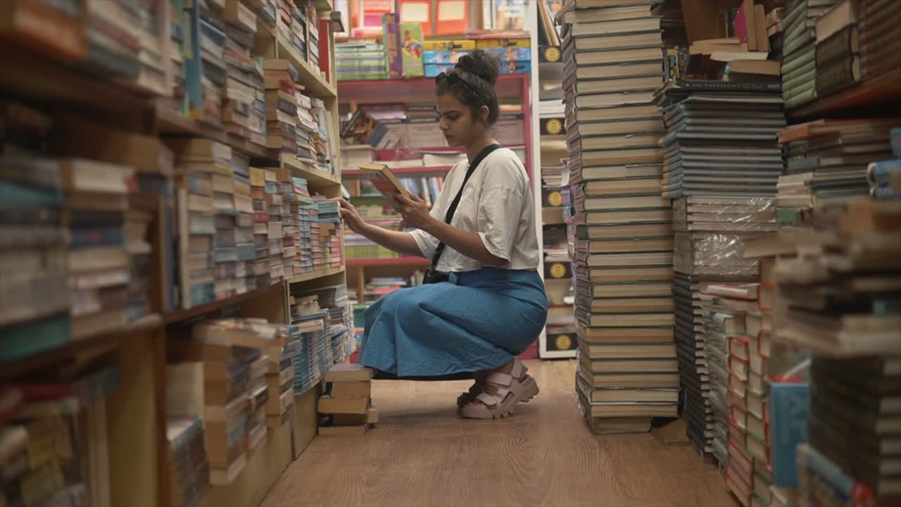 una atractiva mujer asiática leyendo la propaganda en la parte posterior de un libro de tapa dura en la isla de una librería, india