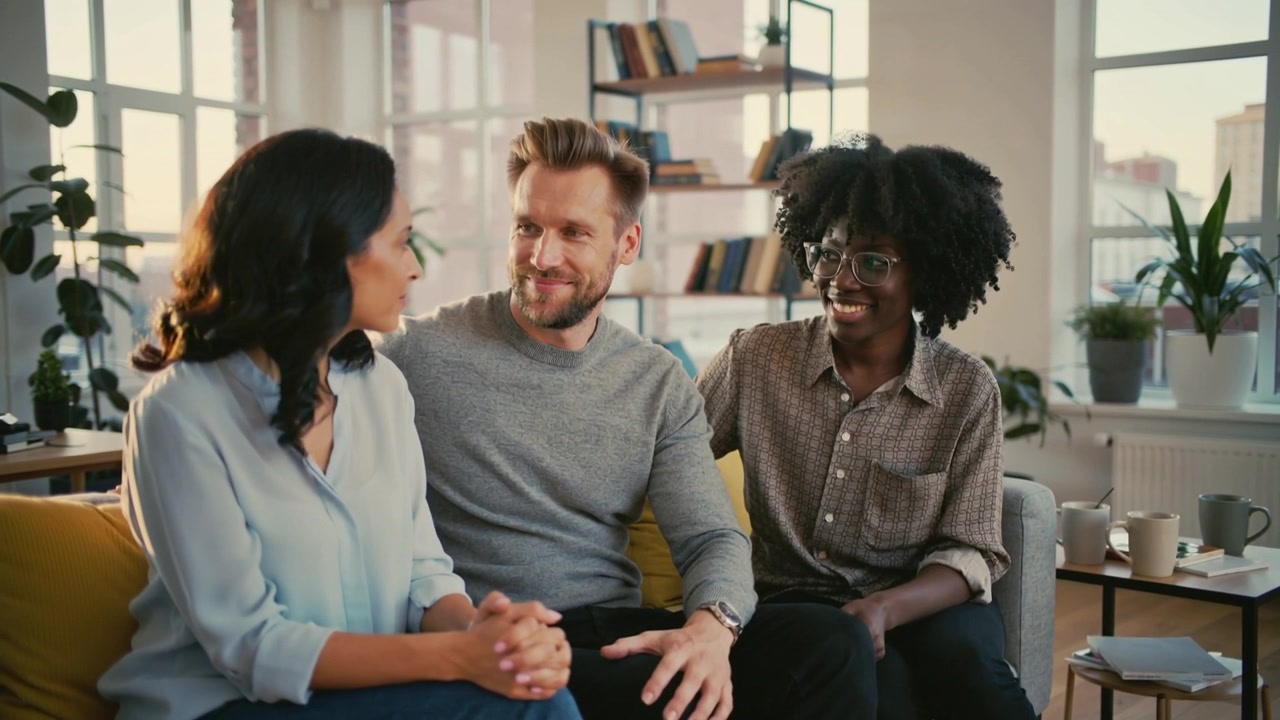 Off-screen voice calling, trio on living-room sofa turning heads and smiling, showing mugs