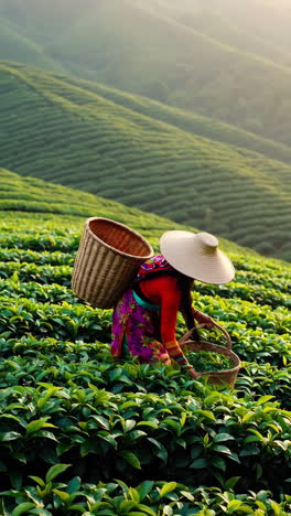 tea picker in a lush tea plantation