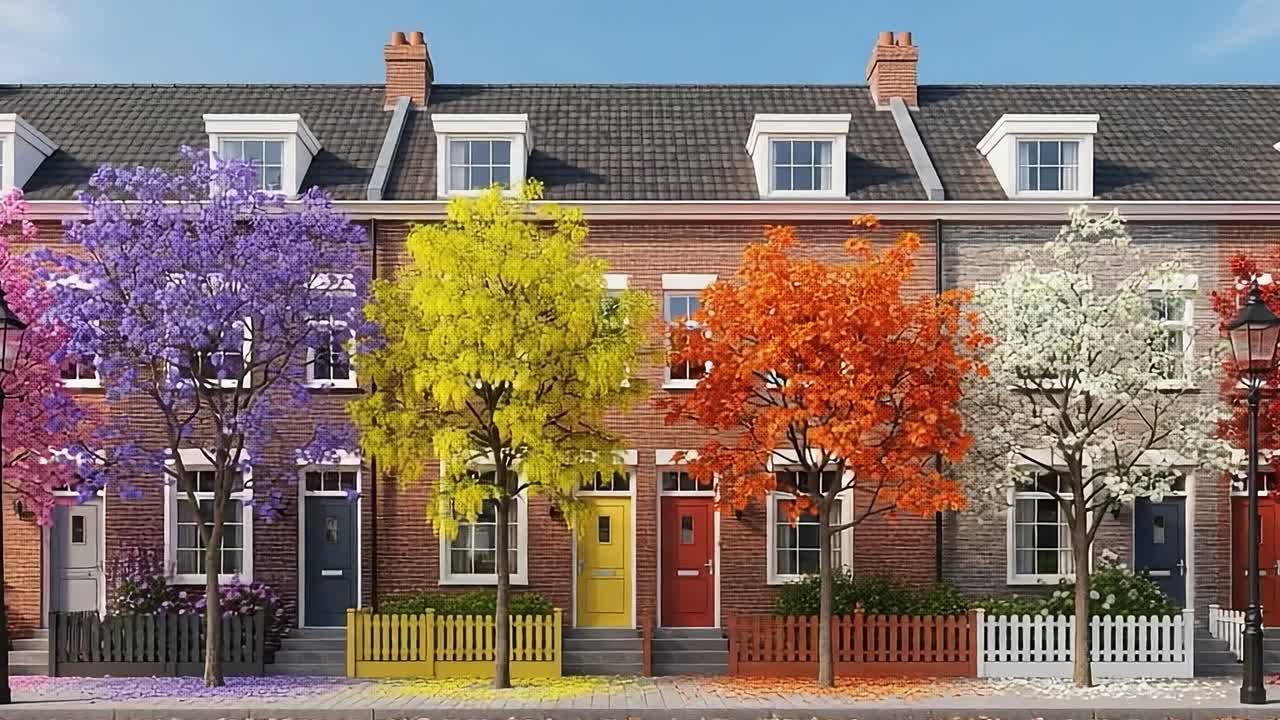 A Vibrant Neighborhood Showcasing Colorful Trees and Unique Facades in Vivid Spring Blooms, Featuring a Symmetrical Row of Charming Townhouses with Bright Doors