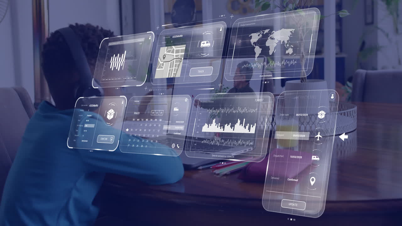 Animation of digital data overlaying people working at table in modern office