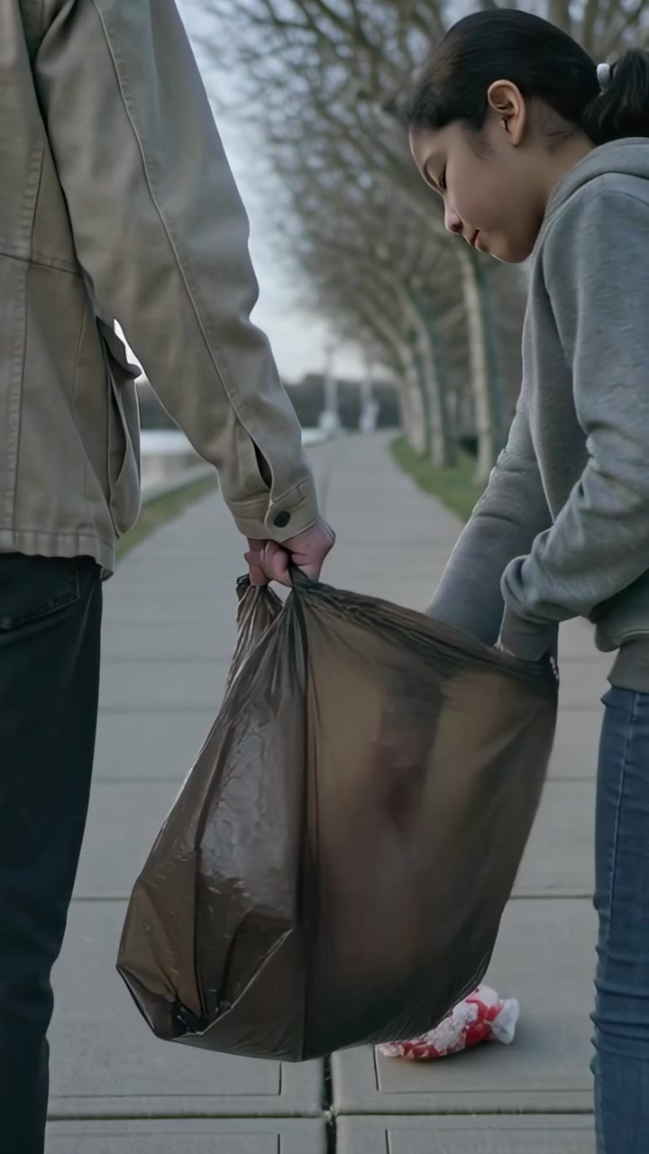 Vertical video: Walking adult and child by river, child noticing litter, placing in bag to clean