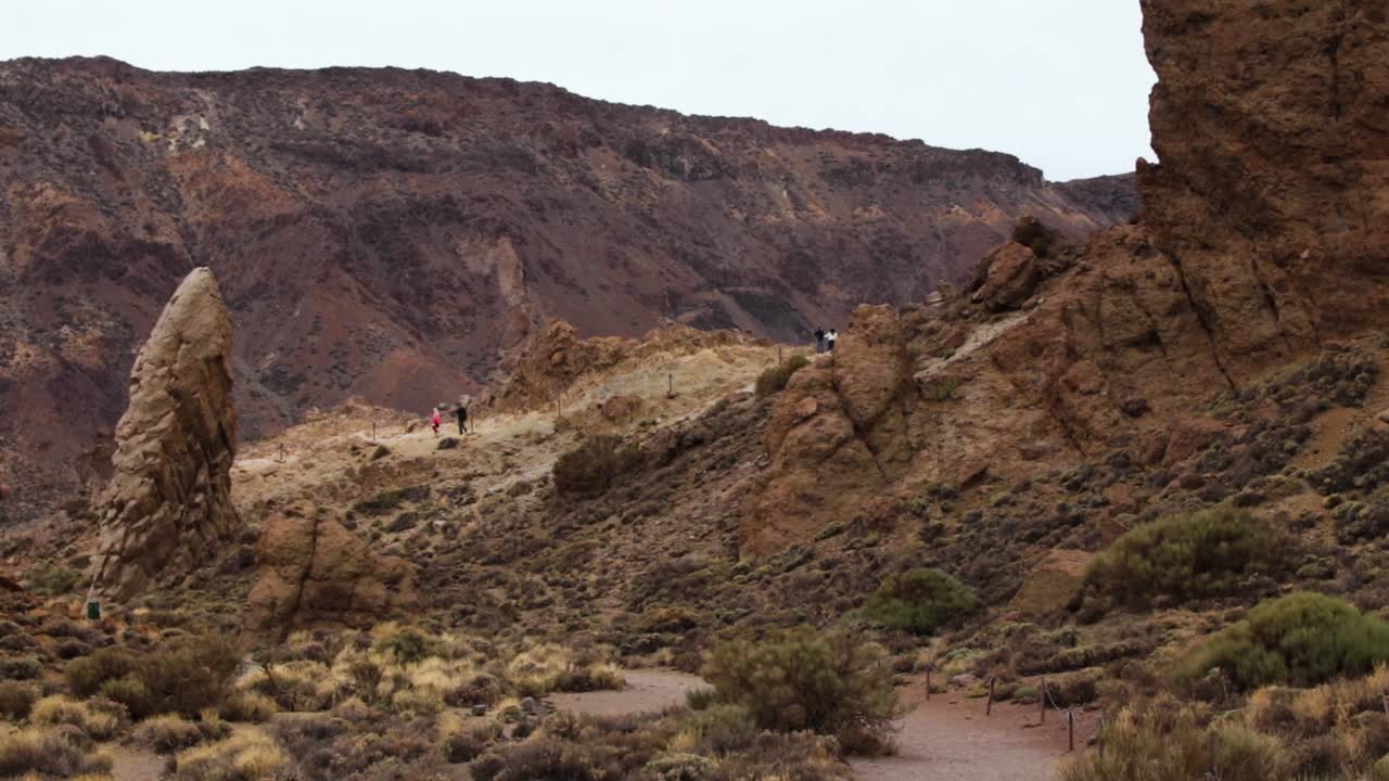 View of the beautiful landscape of El Teide national park with people exploring in the background, Tenerife