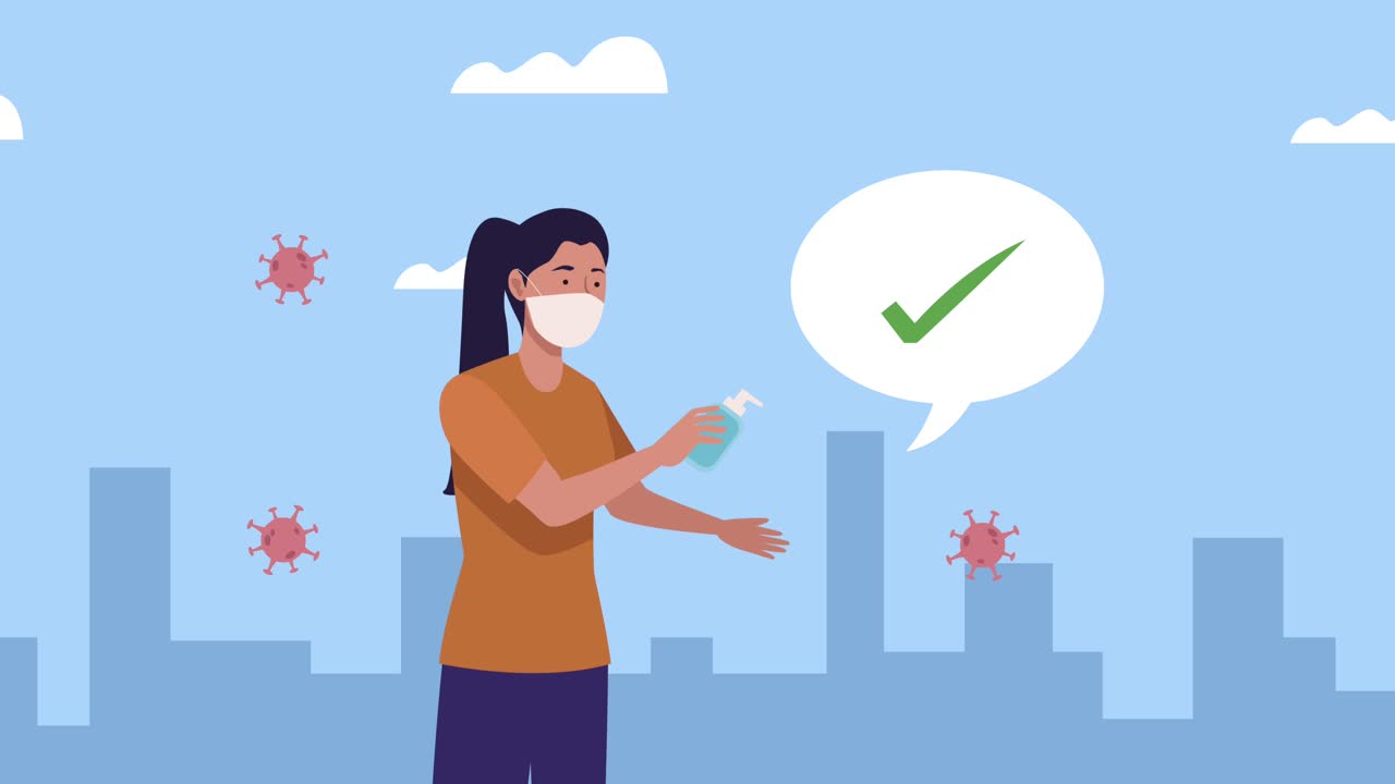 도시 애니메이션에서 여성과 함께 코로나19 입자