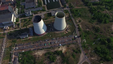 aerial view pipe on thermal power plant. industrial chimney hydro power station