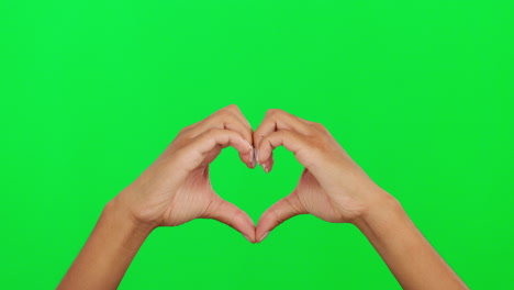 corazón, forma y manos de una persona en la pantalla verde