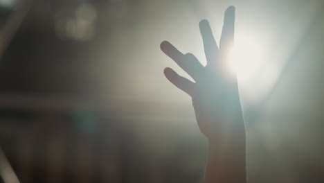 child hand gathers finger in bunch at backlight. little kid palm silhouette shows gesture against glowing brightly lamp in dark room. playing child arm