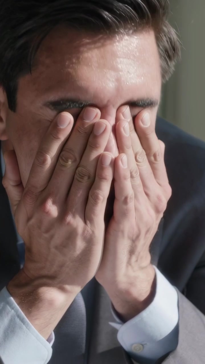 Video verticale: Uomo in abito che si porta le mani al viso, si strofina gli occhi e si preme la fronte in ufficio, con fermacravatta.