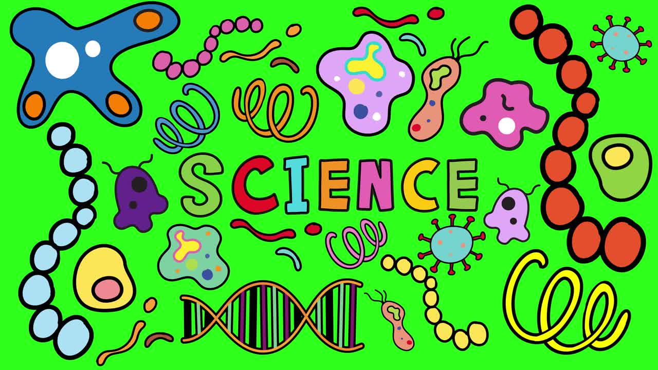 Hand-drawn science lettering animates onto a bright green background, gradually surrounded by playful illustrations of cells, DNA, and microscopic organisms in vibrant colors