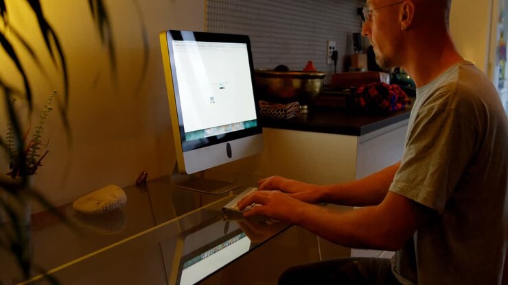 Man using desktop computer at home 4k