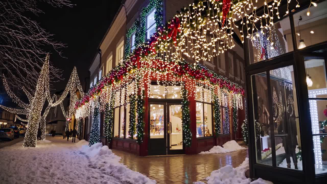 Festive street corner adorned with holiday lights, captured at eye level