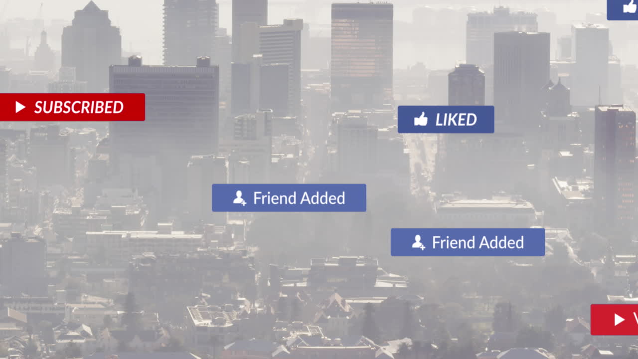 도시 풍경 위의 소셜 미디어 아이콘과 텍스트의 애니메이션