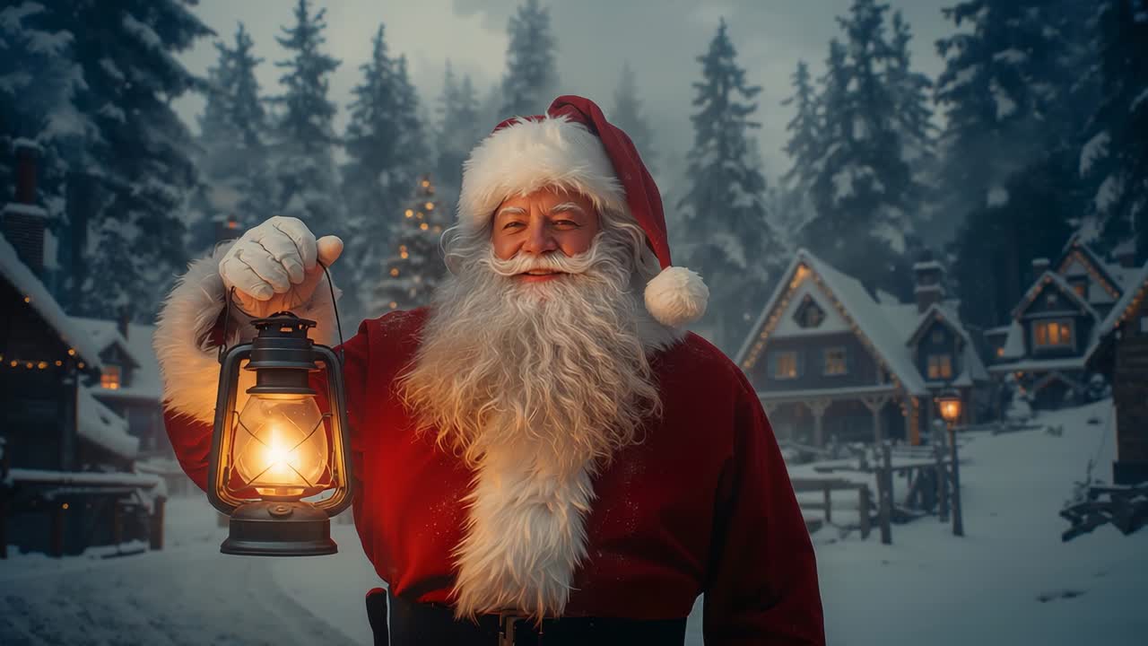 Raising lantern Santa igniting candle flame, bringing it up at snowy village dusk, revealing smile