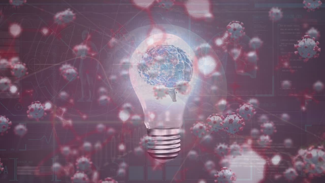코로나19 세포와 인간의 뇌를 전구와 데이터 프로세싱으로 애니메이션화