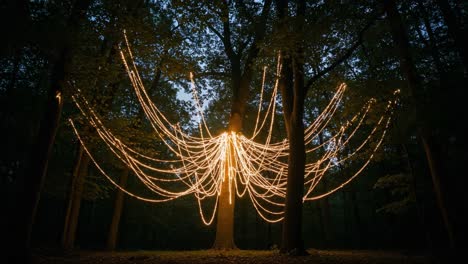a stunning display of illuminated tree lights creating an enchanting atmosphere in a dark forest, capturing the magic of nature and light artistry