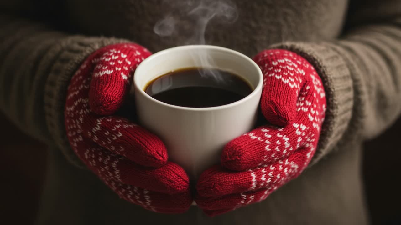 Warm and Cozy: Enjoying a Hot Beverage in Winter, Hands Wrapped in Red Knitted Gloves Holding a Steaming Cup of Coffee or Tea for Comfort and Relaxation