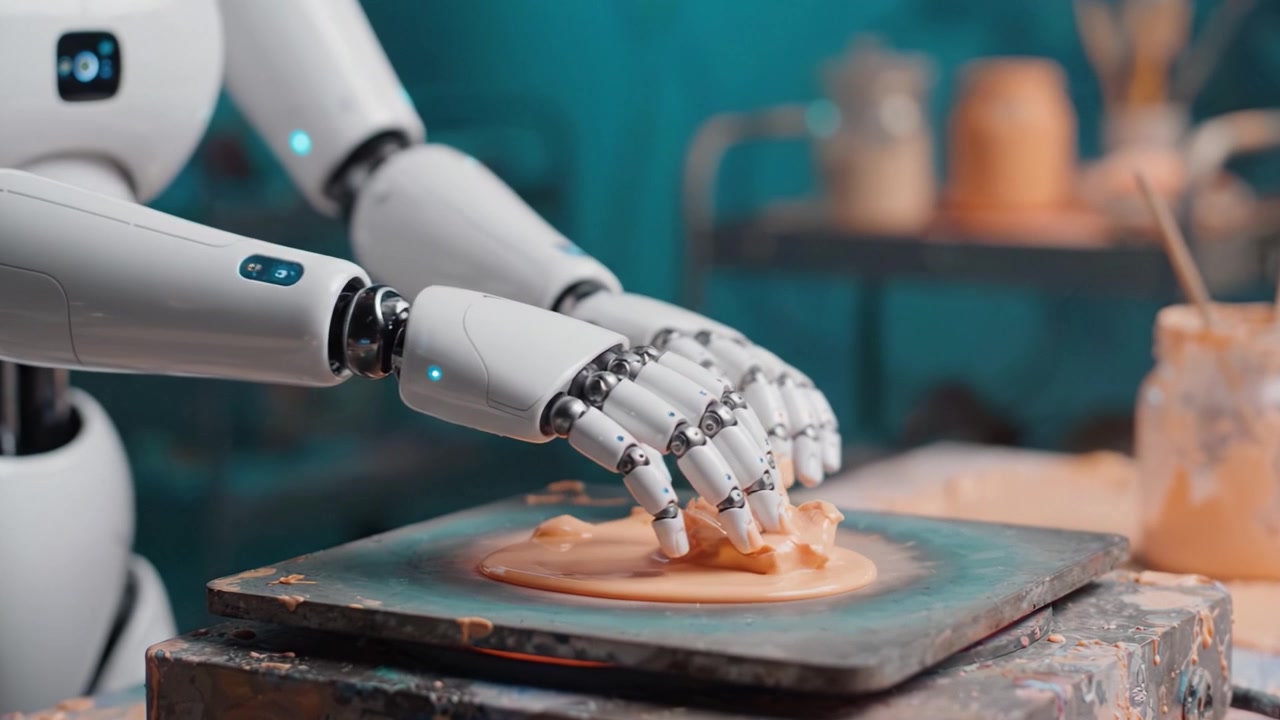 A Robotic Hand Skillfully Shapes a Clay Object on a Pottery Wheel in a Craft Workshop, Showcasing Advanced Technology and Artistic Creation in Action