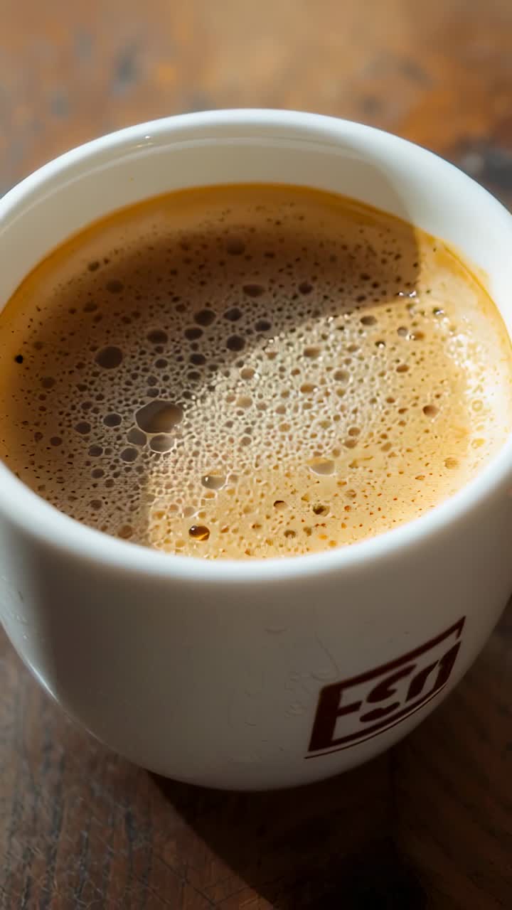Vertical video: Closeup showing espresso cup releasing crema shifting, settling on kitchen counter