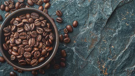 Top-View-of-Coffee-Mug-with-Coffee-Beans-on-Slate-Background