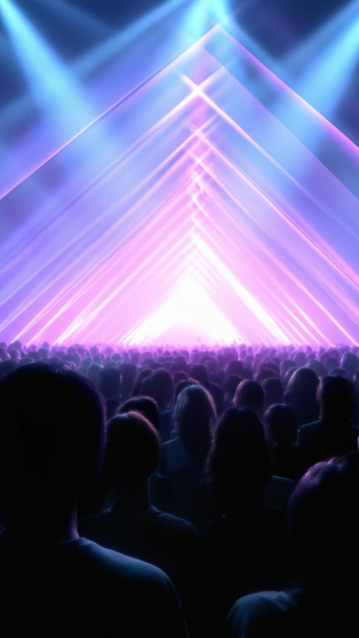 Una folla entusiasta a uno spettacolare spettacolo di luci con motivi triangolari che illuminano il palco e creano un'atmosfera elettrica per il pubblico.